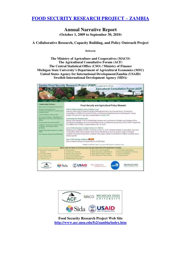Food security research project - Zambia : annual narrative report (October 1, 2009 to September 30, 2010)