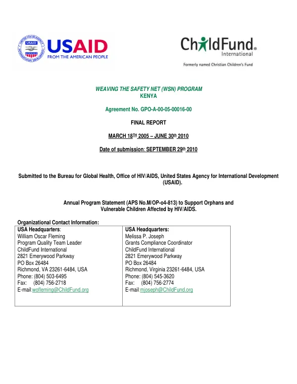 Weaving the safety net (WSN) program : Kenya -- final report, March 18th 2005-June 30th 2010