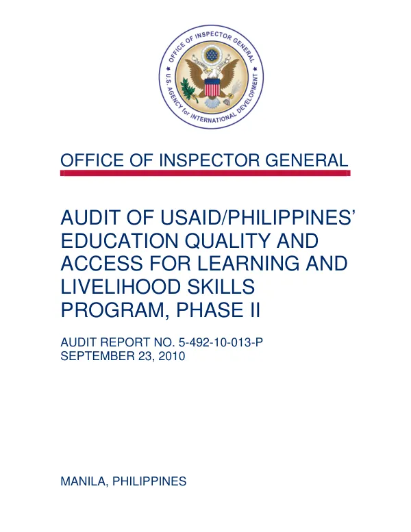 Audit of USAID/Philippines" education quality and access for learning and livelihood skills program, phase II