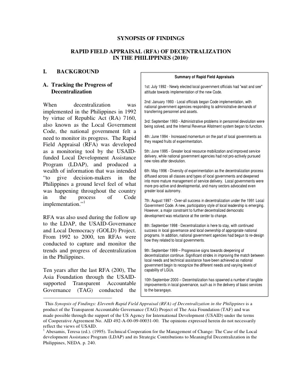 Synopsis of findings : rapid field appraisal (RFA) of decentralization in the Philippines (2010)