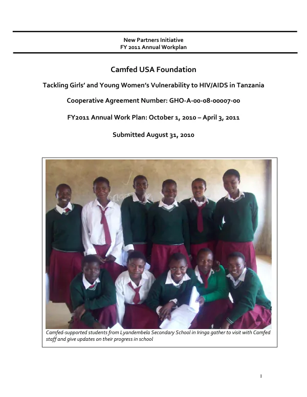 Tackling girsl" and young women"s vulnerability to HIV/AIDS in Tanzania : FY2011 annual work plan, October 1, 2010-April 3, 2011