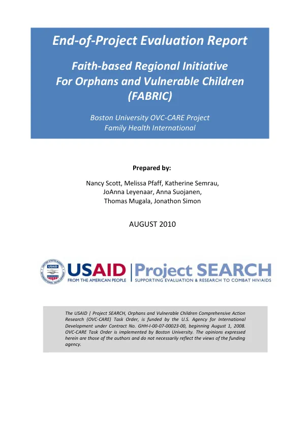 End-of-project evaluation report : faith-based regional initiative for orphans and vulverable children (FABRIC)