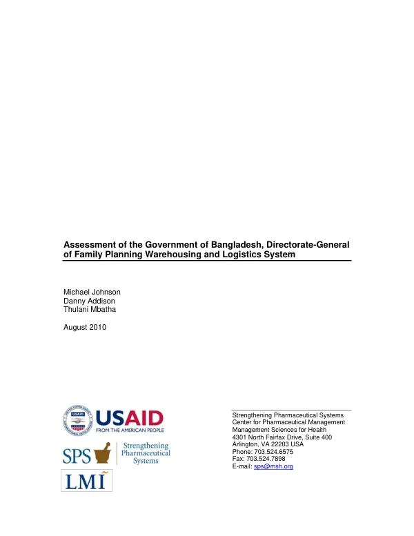 Assessment of the Government of Bangladesh, Directorate-General of family planning warehousing and logistics system