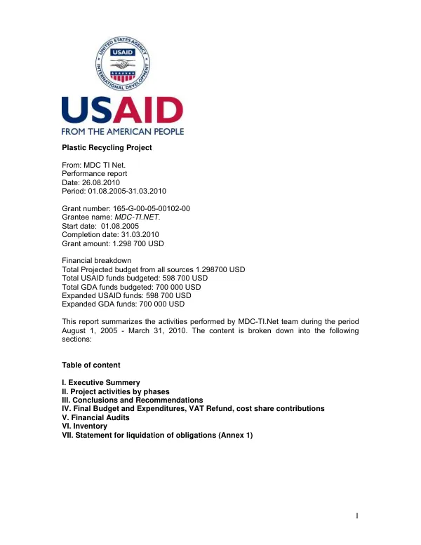 Plastic recycling project : performance report, August 1, 2005-March 31, 2010