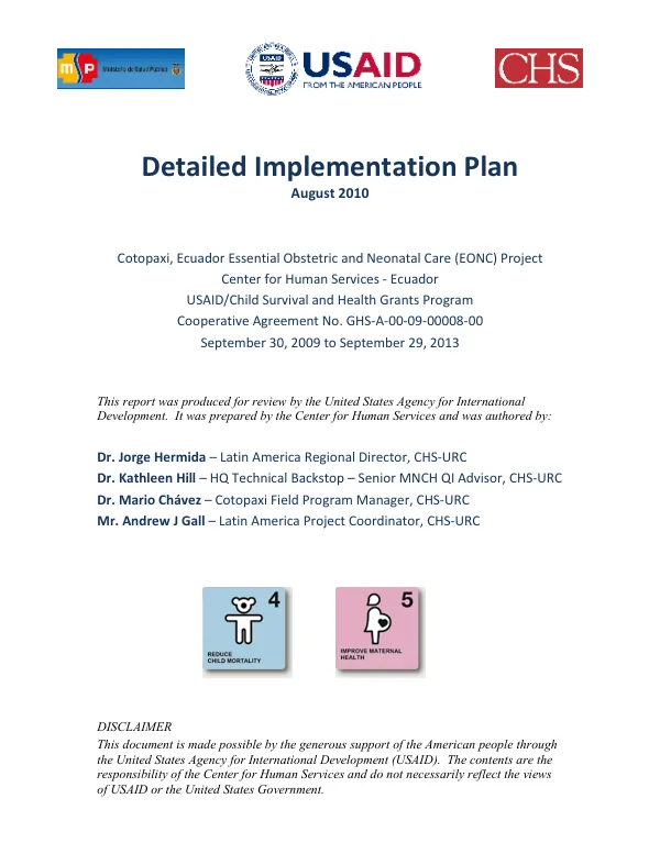 Cotopaxi, Ecuador, essential obstetric and neonatal care (EONC) project : detailed implementation plan
