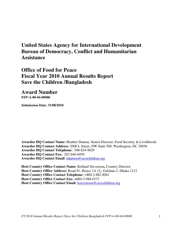 Office of Food for Peace : fiscal year 2010 annual results report -- Save the Children/Bangladesh