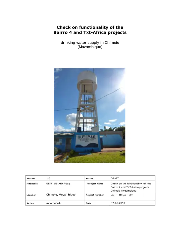 Check on functionality of the bairro 4 and txt-Africa projects : drinking water supply in Chimoio (Mozambique)