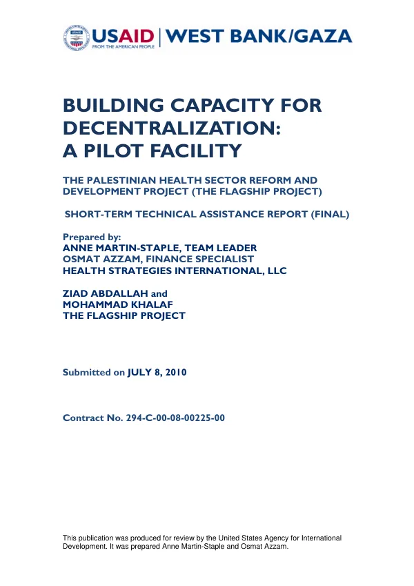 Building capacity for decentralization : a pilot facility