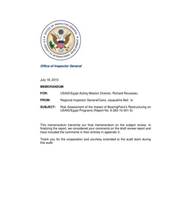 Risk assessment of the impact of BearingPoint"s restructuring on USAID/Egypt programs