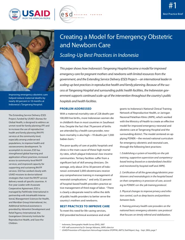 Creating a model for emergency obstetric and newborn care : scaling-up best practices in Indonesia