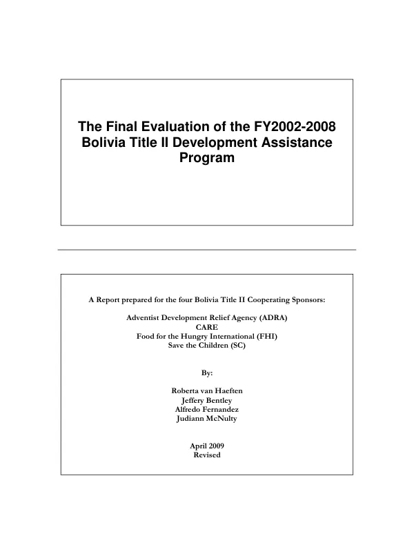 The final evaluation of the FY2002-2008 Bolivia Title II development assistance program