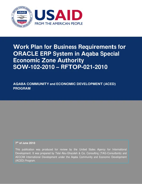 Work plan for business requirements for ORACLE ERP system in Aqaba special economic zone authority SOW-102-2010 - RFTOP 021-2010