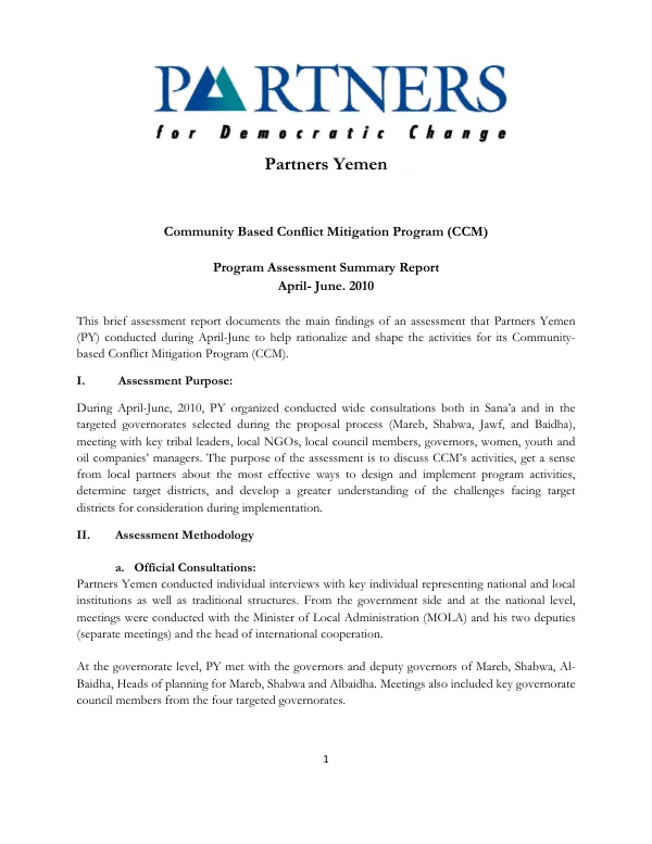 Community based conflict mitigation program (CCM) : program assessment summary report, April-June 2010