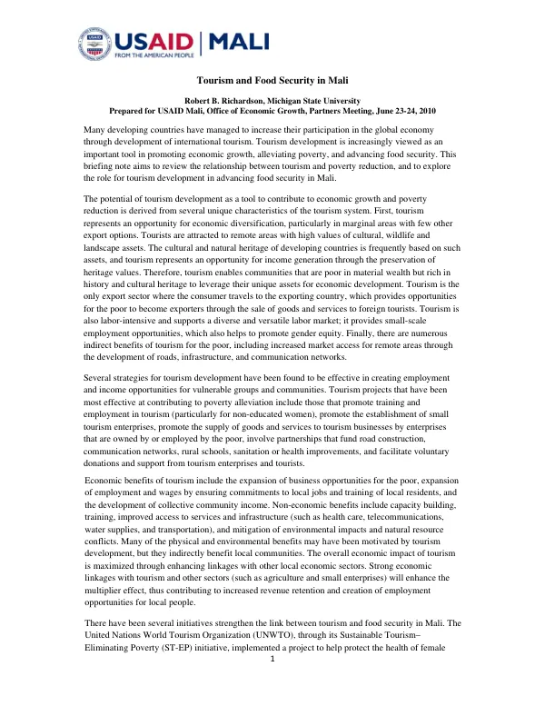 Tourism and food security in Mali