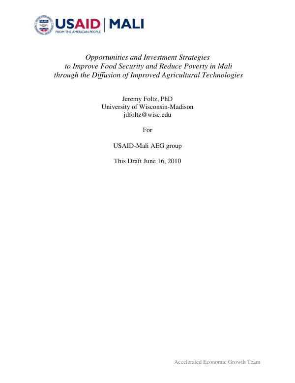 Opportunities and investment strategies to improve food security and reduce poverty in Mali through the diffusion of improved agricultural technologies : executive summary