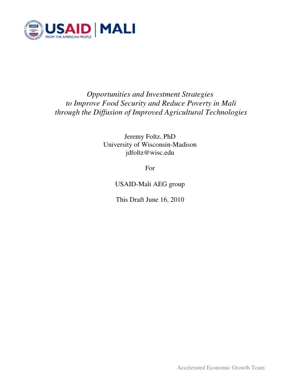 Opportunities and investment strategies to improve food security and reduce poverty in Mali through the diffusion of improved agricultural technologies