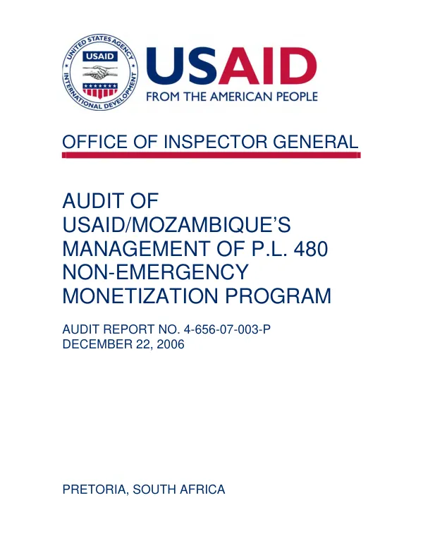 Audit of USAID/Mozambique"s management of P.L. 480 non-emergency monetization program