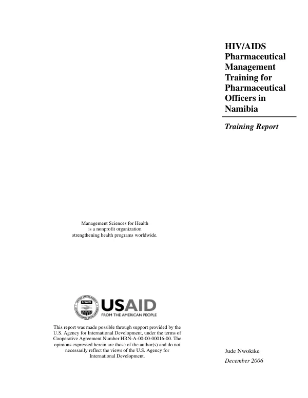 HIV/AIDS pharmaceutical management training for pharmaceutical officers in Namibia : training report