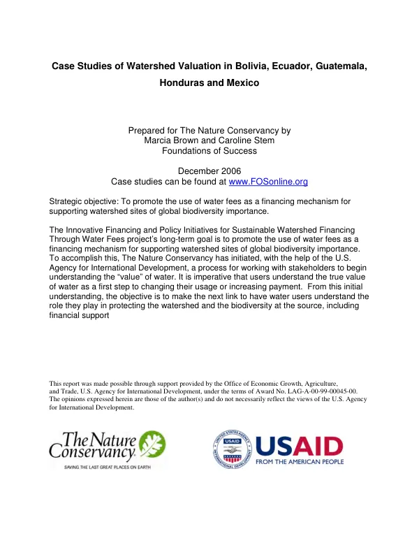 Case studies of watershed valuation in Bolivia, Ecuador, Guatemala, Honduras and Mexico