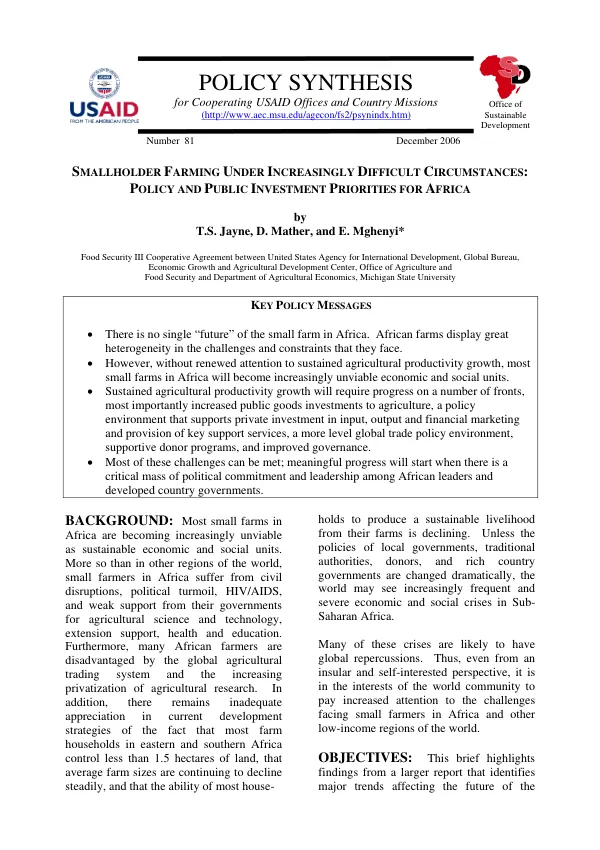 Smallholder farming under increasingly difficult circumstances : policy and public investment priorities for Africa