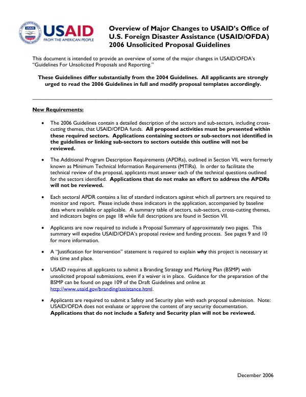 Overview of major changes to USAID"s Office of U.S. Foreign Assistance (USAID/OFDA) 2006 unsolicited proposal guidelines