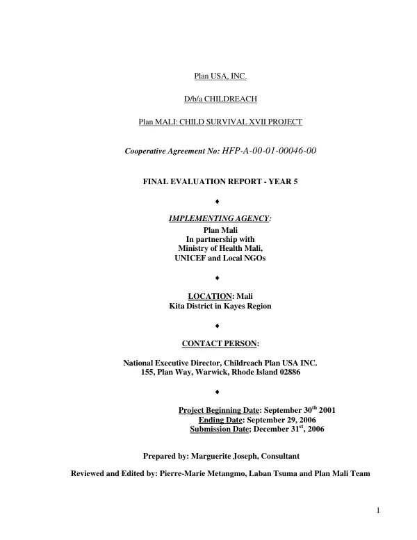 Plan Mali : child survival XVII project -- final evaluation report, year 5
