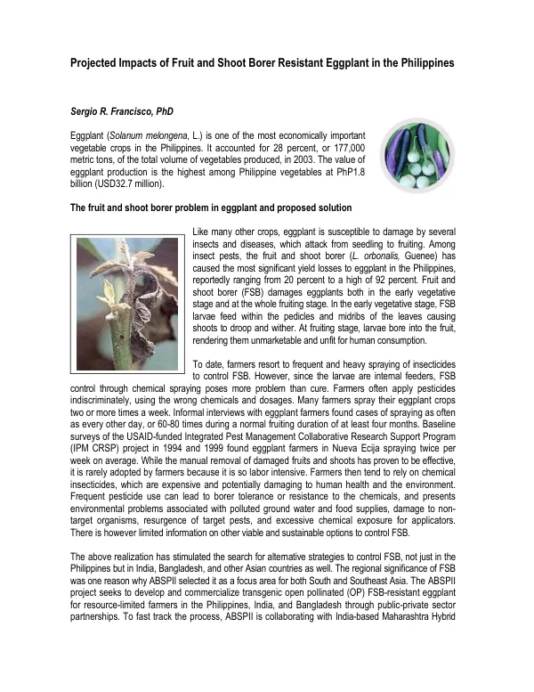 Projected impacts of fruit and shoot borer resistant eggplant in the Philippines