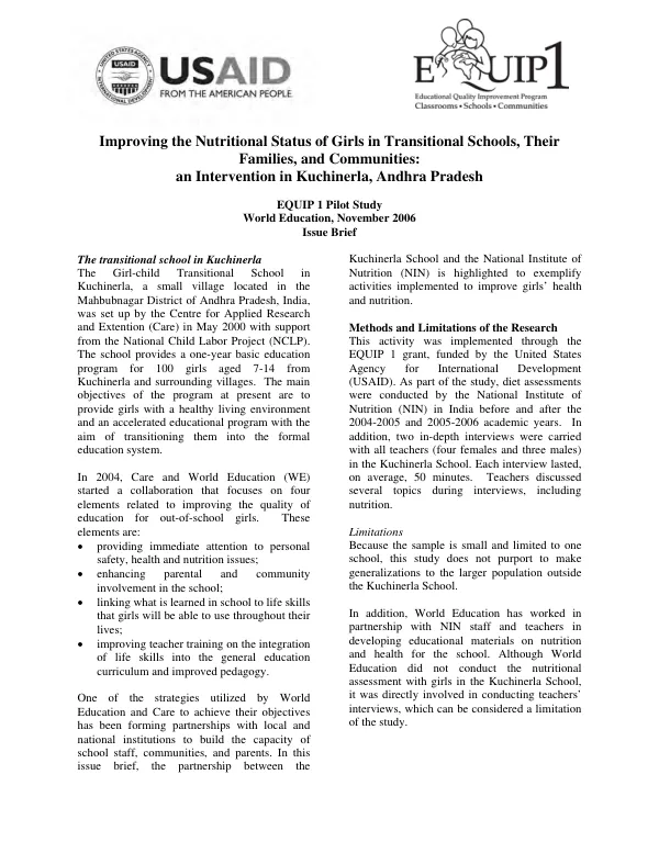 Improving the nutritional status of girls in transitional schools, their families, and communities : an intervention in Kuchinerla, Andhra Pradesh