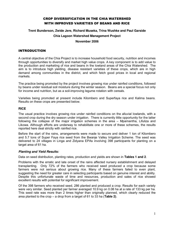 Crop diversification in the Chia watershed with improved varieties of beans and rice