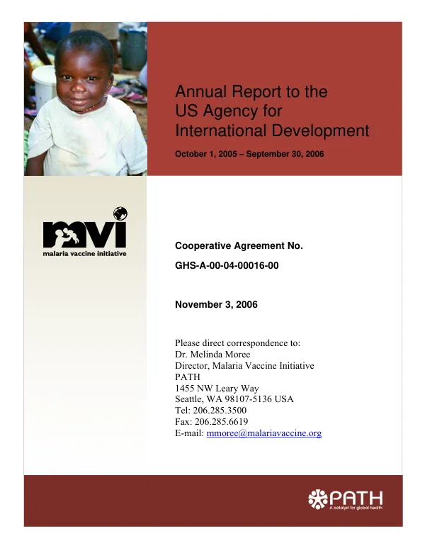 Annual report to the US Agency for International Development : October 1, 2005-September 30, 2006 -- malaria vaccine initiative (MVI)