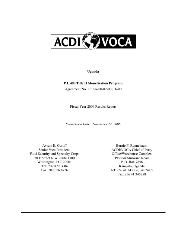 Uganda : P.L. 480 Title II monetization program -- fiscal year 2006 results report