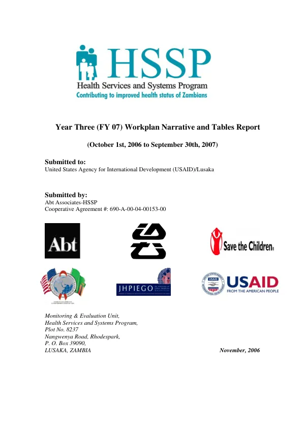 HSSP, health services and systems program : year three (FY 07) workplan narrative and tables report