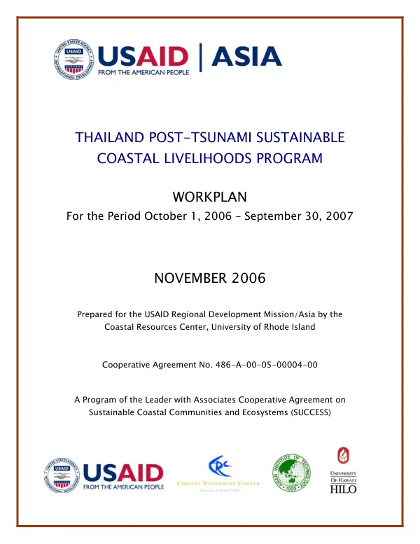 Thailand post-tsunami sustainable coastal livelihoods program : workplan for the period October 1, 2006-September 30, 2007
