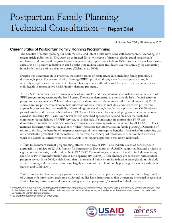 Postpartum family planning technical consultation : report brief