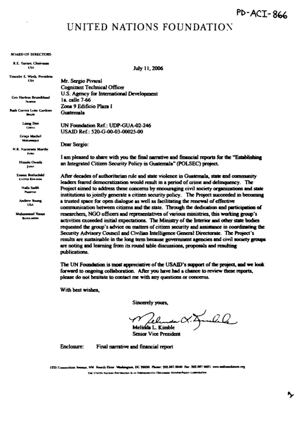Project : establishing an integrated citizen security policy in Guatemala (POLSEC) : UNFIP project no. UDP-GUA-02-246 -- end of project report presented to the United Nations Fund for International Partnerships (UNFIP)