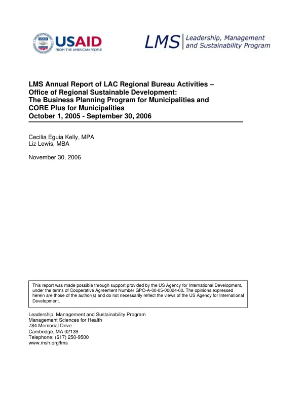 LMS annual report of LAC regional bureau activities, Office of Regional Sustainable Development : the business planning program for municipalities and CORE Plus for municipalities, October 1, 2005-September 30, 2006
