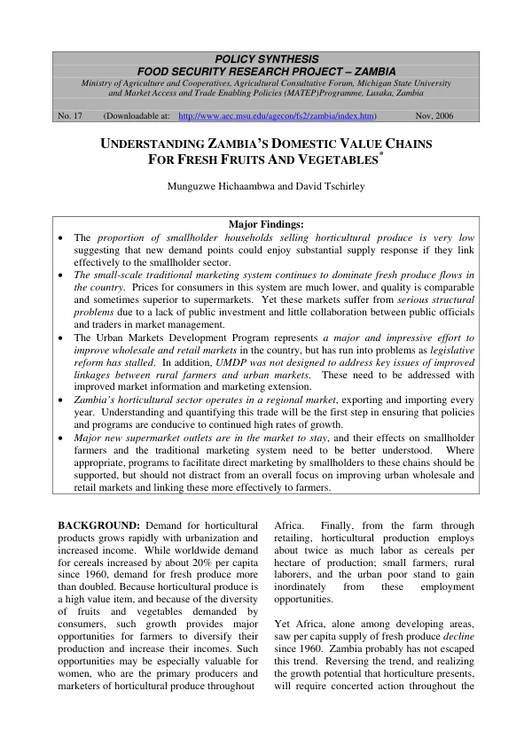 Understanding Zambia"s domestic value chains for fresh fruits and vegetables
