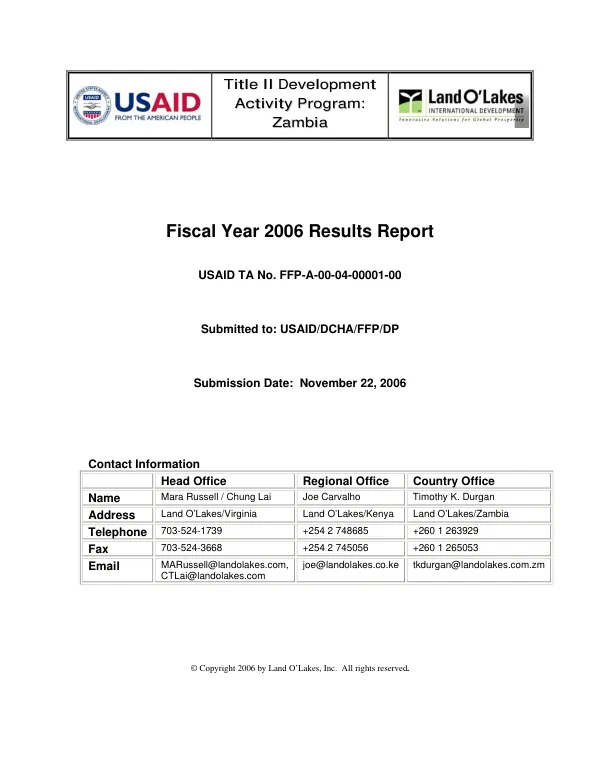 Land O"Lakes/Zambia : Title II development activity program -- fiscal year 2006 results report : USAID TA no. FFP-A-00-04-00001-00