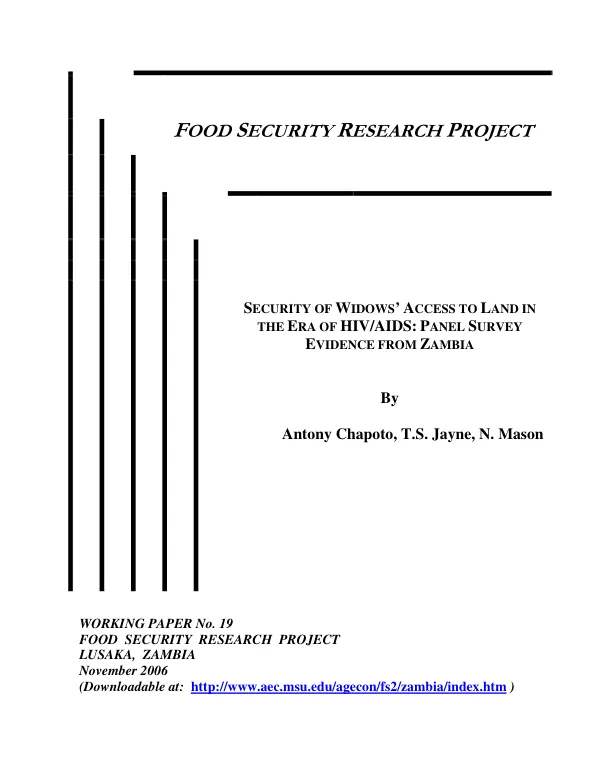 Security of widows" access to land in the era of HIV/AIDS : panel survey evidence from Zambia