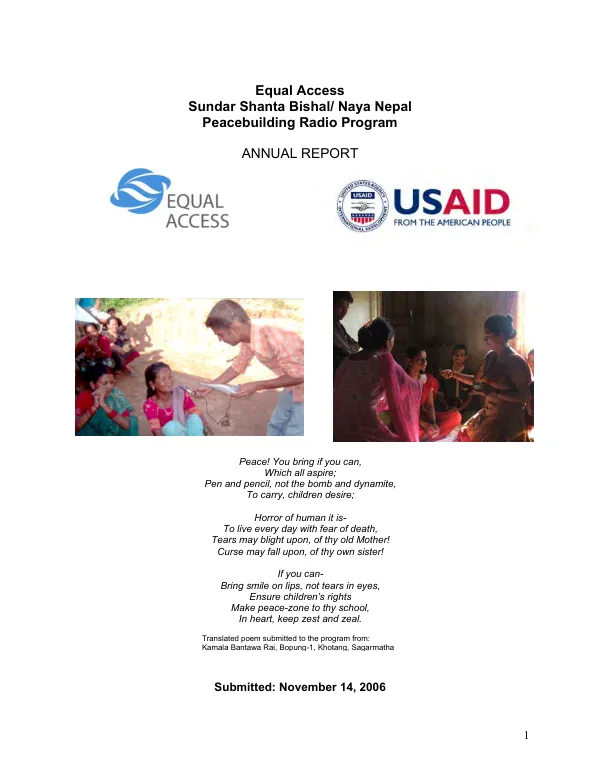 Sundar Shanta Bishal/Naya Nepal : peacebuilding radio program : annual report[, October 2005-September 2006]
