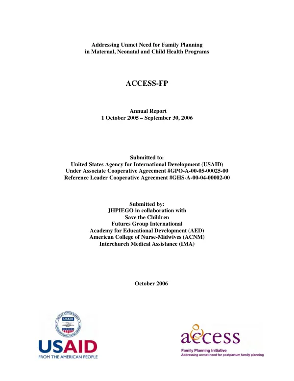 Addressing unmet need for family planning in maternal, neontal and child health programs : ACCESS-FP -- annual report, 1 October 2005-September 30, 2006