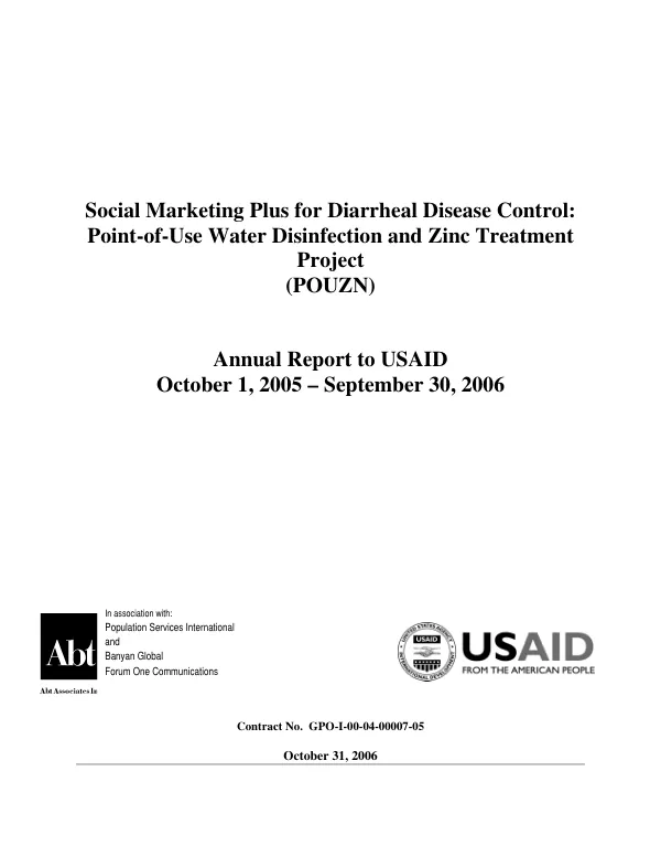 Social marketing plus for diarrheal disease control : point-of-use water disinfection and zinc treatment project (POUZN) : annual report to USAID, October 1, 2005-September 30, 2006