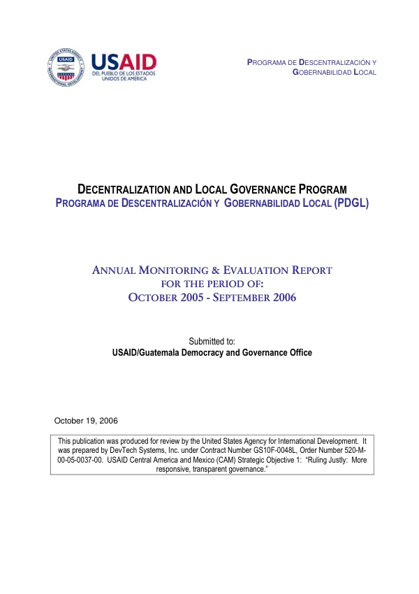 Decentralization and local governance program (programa de descentralizacion y gobernabilidad local) : annual monitoring and evaluation report - October 2005-September 2006