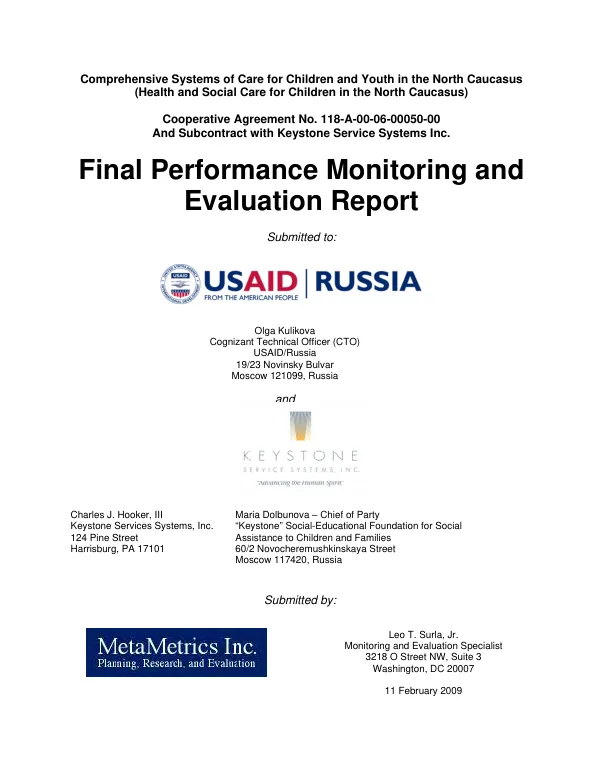 Comprehensive systems of care for children and youth in the north Caucasus (Health and social care for children in the north Caucasus), cooperative agreement no. 118-A-00-06-00050-00 : final performance monitoring and evaluation report