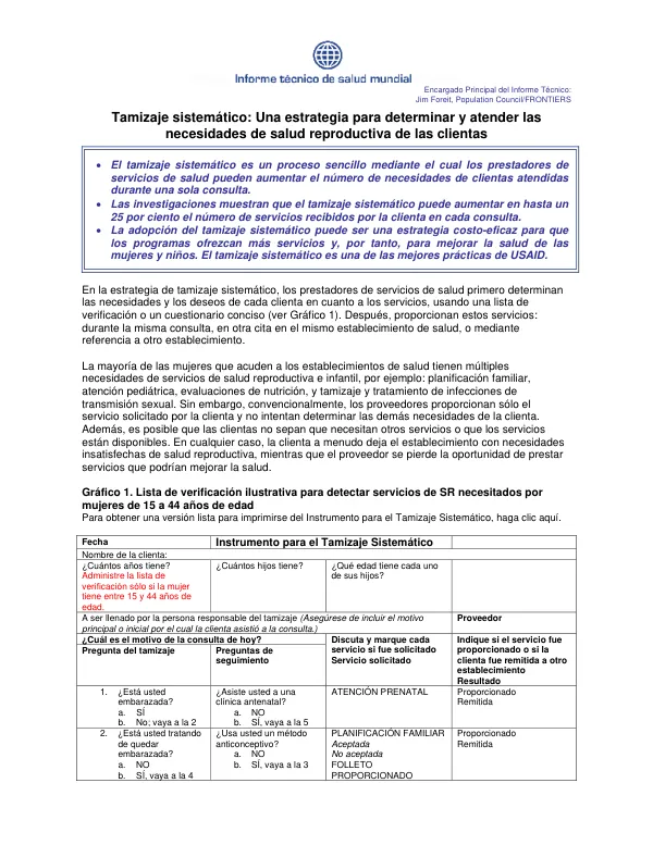 Tamizaje sistematico : una estrategia para determinar y atender las necesidades de salud reproductiva de las clientas