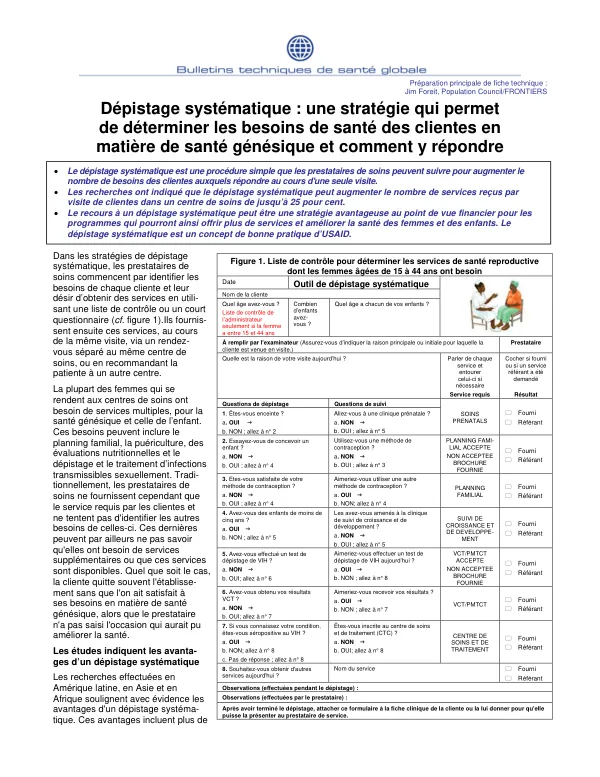 Depistage systematique : une strategie qui permet de determiner les besoins de sante des clientes en matiere de sante genesique et comment y repondre