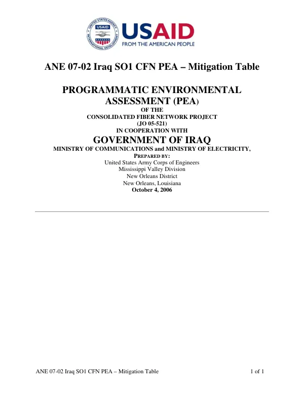 ANE 07-08 Iraq SO1 CFN PEA - mitigation table : programmatic environmental assessment (PEA) of the consolidated fiber network project (JO 05-521) in cooperation with Government of Iraq, Ministry of Communications and Ministry of Electricity