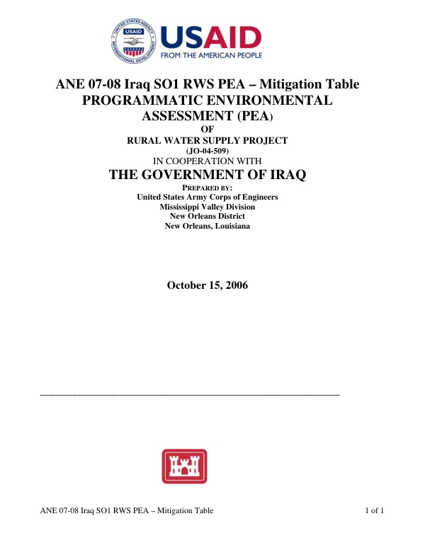ANE 07-08 Iraq SO1 RWS PEA - mitigation table : programmatic environmental assessment (PEA) of rural water suppply project (JO-04-509) in cooperation with the Government of Iraq