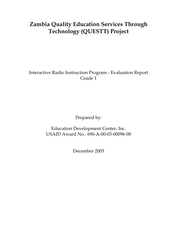 Interactive radio instruction program - evaluation report : grade 1