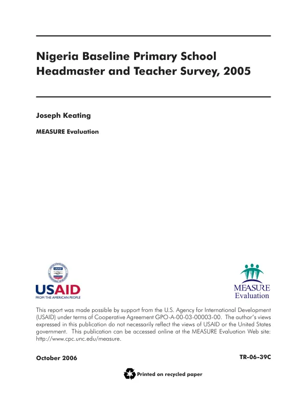 Nigeria baseline primary school headmaster and teacher survey, 2005